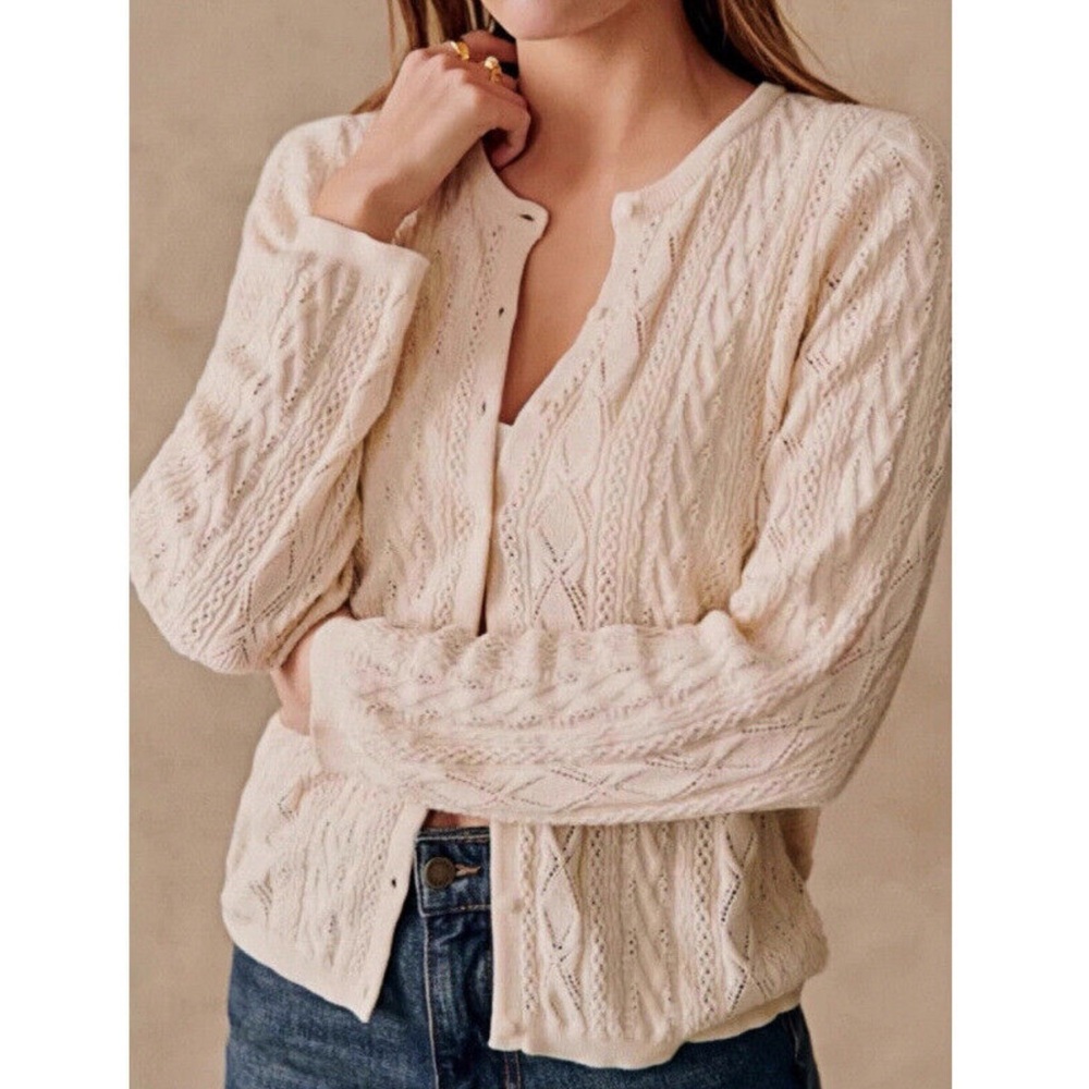 NEW Sezane Ruben  Elegant Cream Cable Knit Pointelle Cardigan SzXS/S price firm